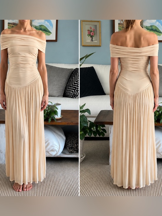 Lioness Dresses & Skirts - Lioness Beige Off-Shoulder Pleated Maxi Dress